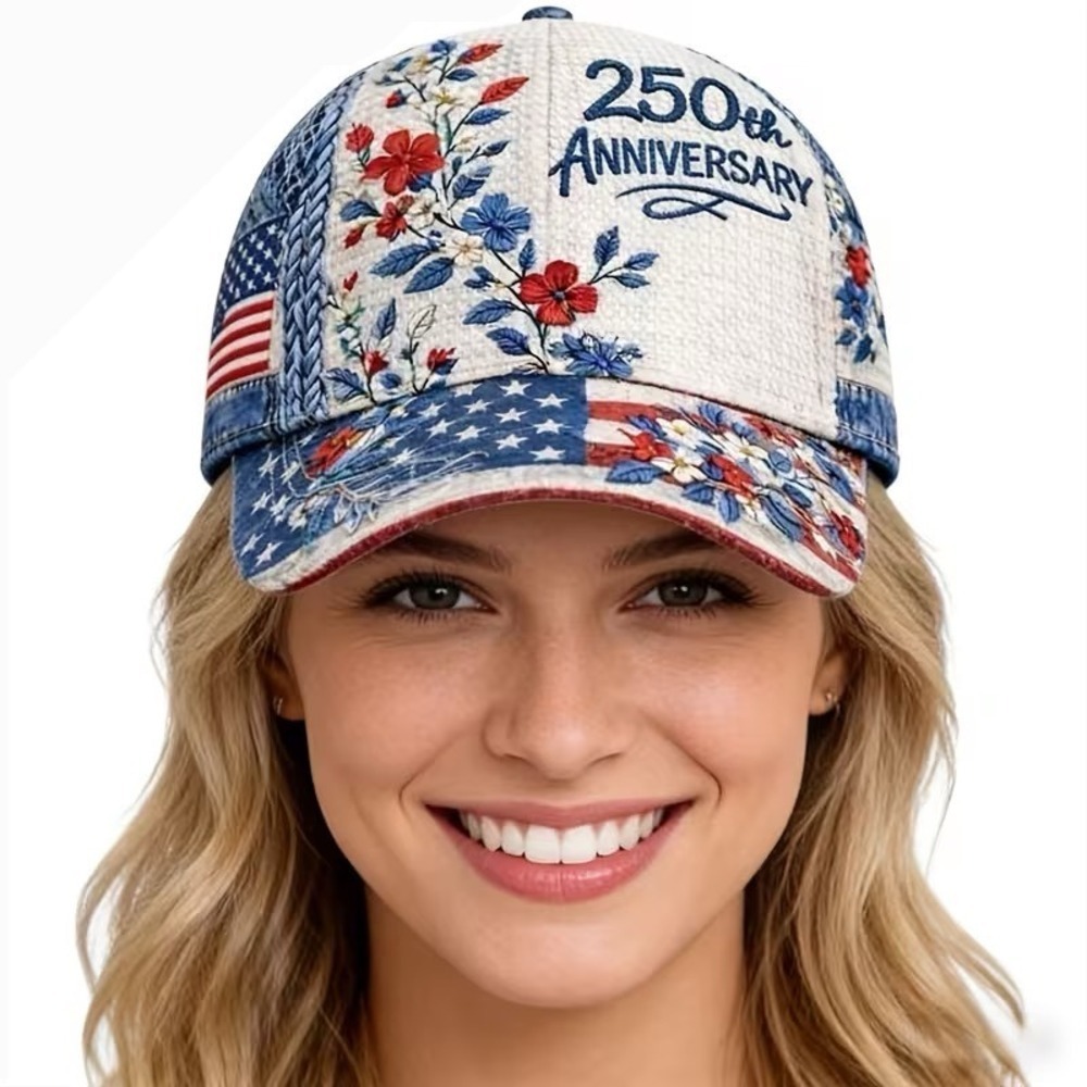 Womens 250th Anniversary Patriotic Floral American Flag Baseball Cap Adjustable